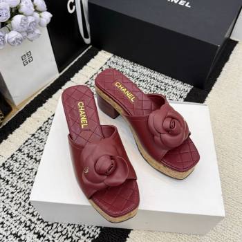 Chanel Calfskin Leather Heel Slides Sandal with Camellia Burgundy 2026 CH030616 (MD-260307017)