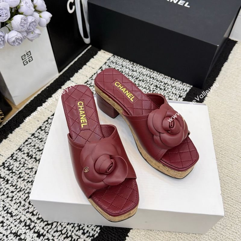 Chanel Calfskin Leather Heel Slides Sandal with Camellia Burgundy 2026 CH030616 (MD-260307017)