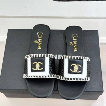 Chanel Straw-Like Flat Slides Sandal with CC Foldover Black 2026 CH030702 (MD-260307037)