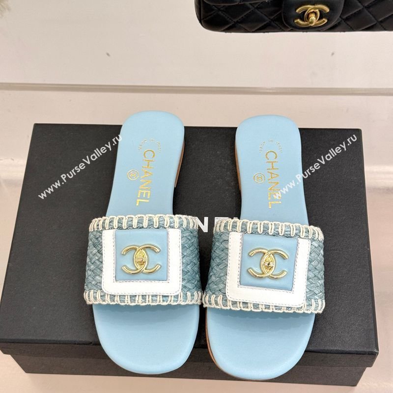 Chanel Straw-Like Flat Slides Sandal with CC Foldover Blue 2026 CH030702 (MD-260307038)