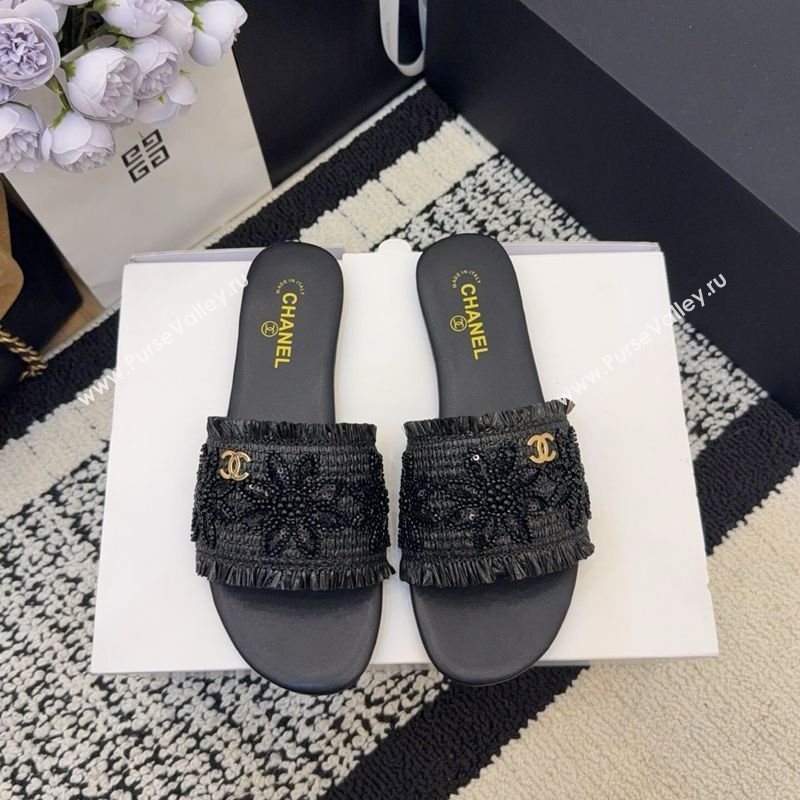 Chanel Bloom Straw-Like Flat Slides Sandal Black 2026 CH030701 (MD-260307018)
