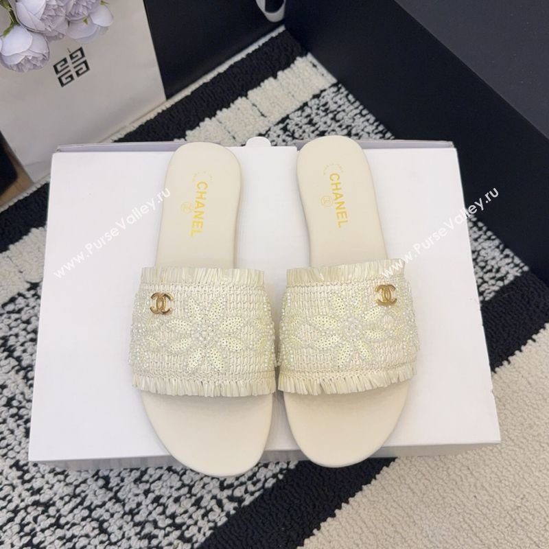 Chanel Bloom Straw-Like Flat Slides Sandal White 2026 CH030701 (MD-260307020)