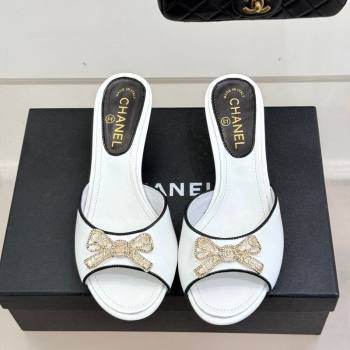 Chanel Calfskin Leather Heel Slides Sandal with Strass Bow White 2026 CH0306021 (MD-260306007)