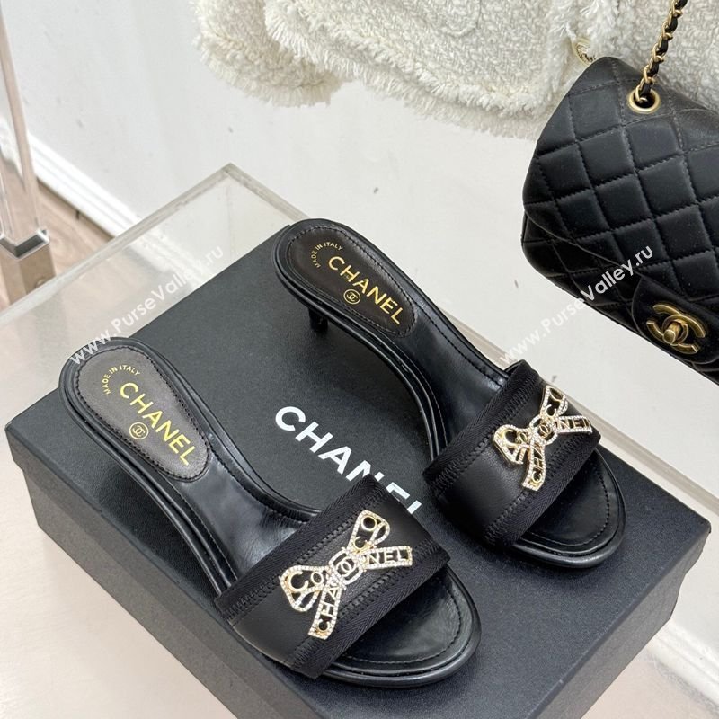 Chanel Calfskin Leather Heel Slides Sandal with Strass Bow Black 2026 CH0306022 (MD-260306010)