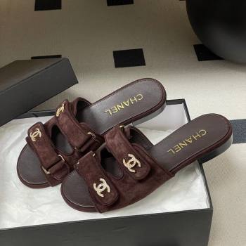 Chanel Suede Flat Slides Sandal with Strass and Strap Dark Brown 2026 G47043 (MD-260306080)