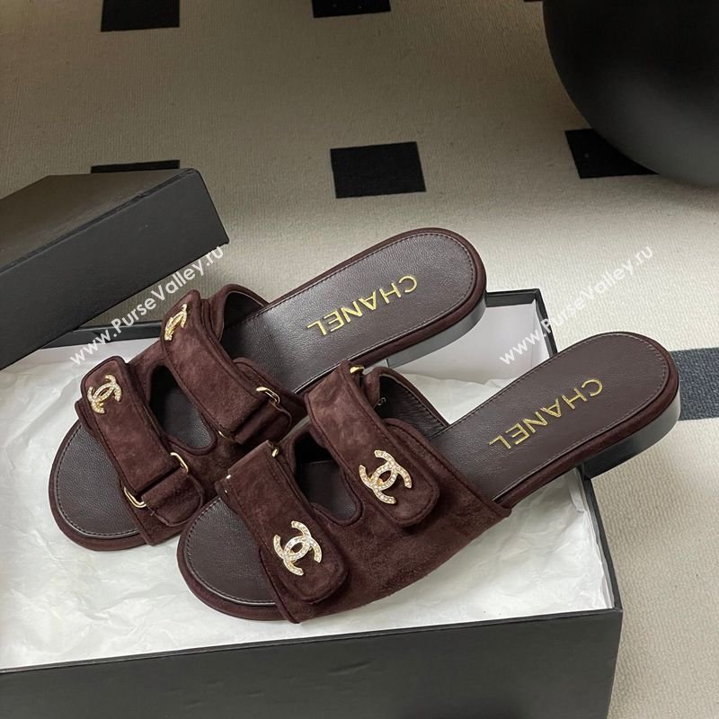 Chanel Suede Flat Slides Sandal with Strass and Strap Dark Brown 2026 G47043 (MD-260306080)