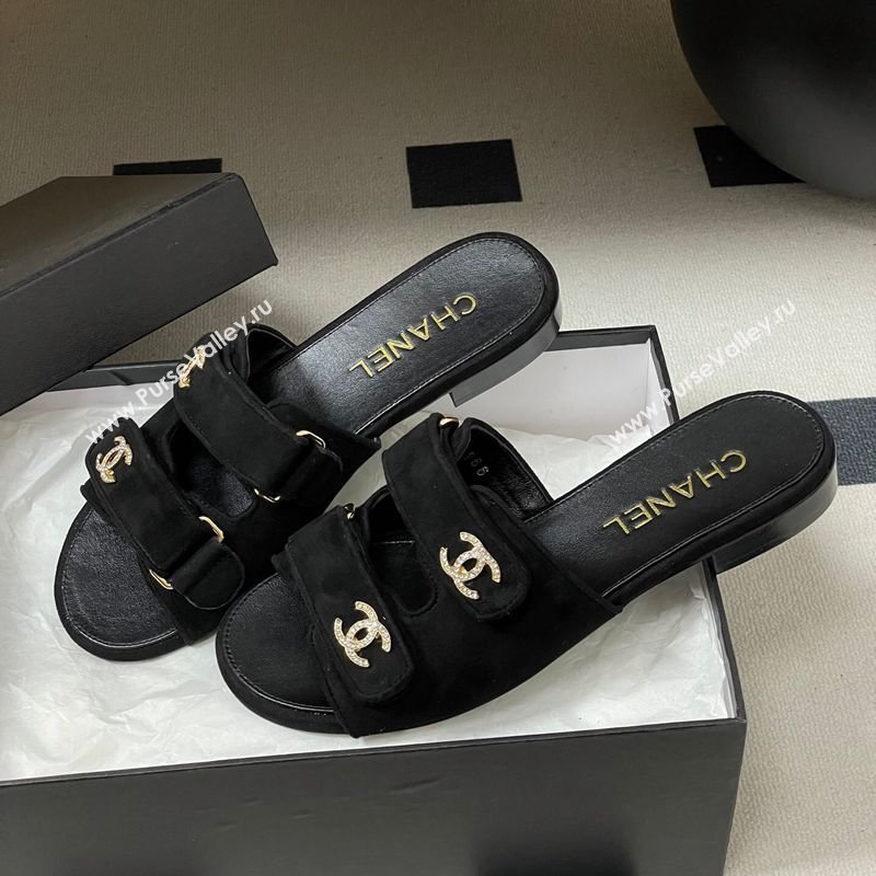 Chanel Suede Flat Slides Sandal with Strass and Strap Black 2026 G47043 (MD-260306081)