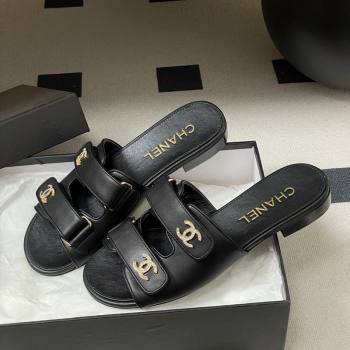 Chanel Lambskin Leather Flat Slides Sandal with Strass and Strap Black 2026 G47043 (MD-260306076)