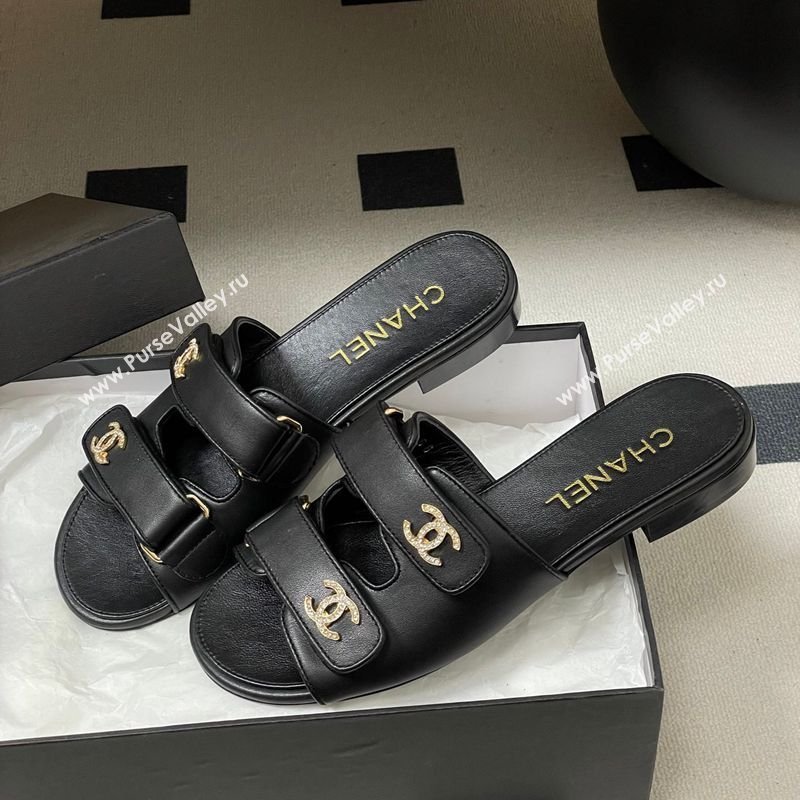 Chanel Lambskin Leather Flat Slides Sandal with Strass and Strap Black 2026 G47043 (MD-260306076)