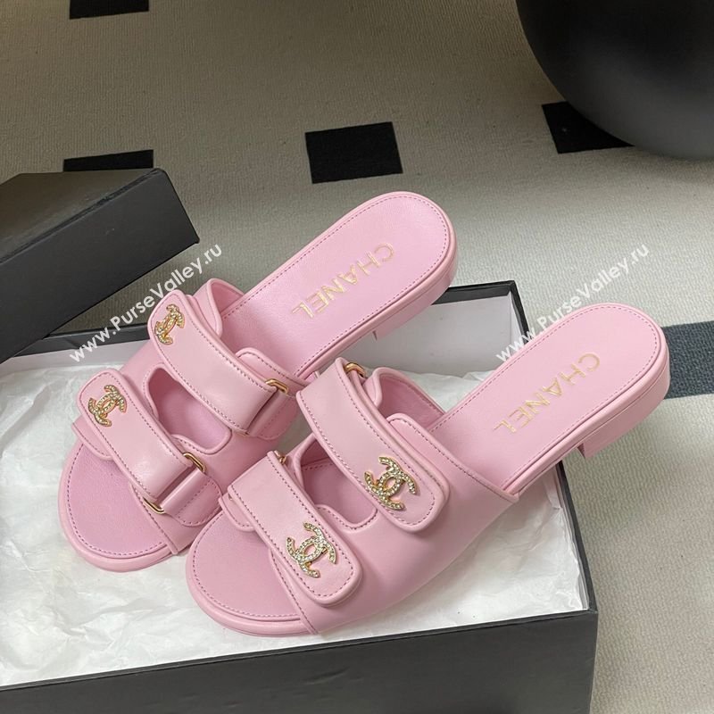 Chanel Lambskin Leather Flat Slides Sandal with Strass and Strap Pink 2026 G47043 (MD-260306079)