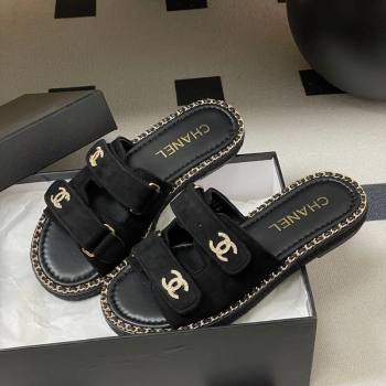 Chanel Suede Flat Slides Sandal with Strass, Chain and Strap Black 2026 CH030610 (MD-260306084)