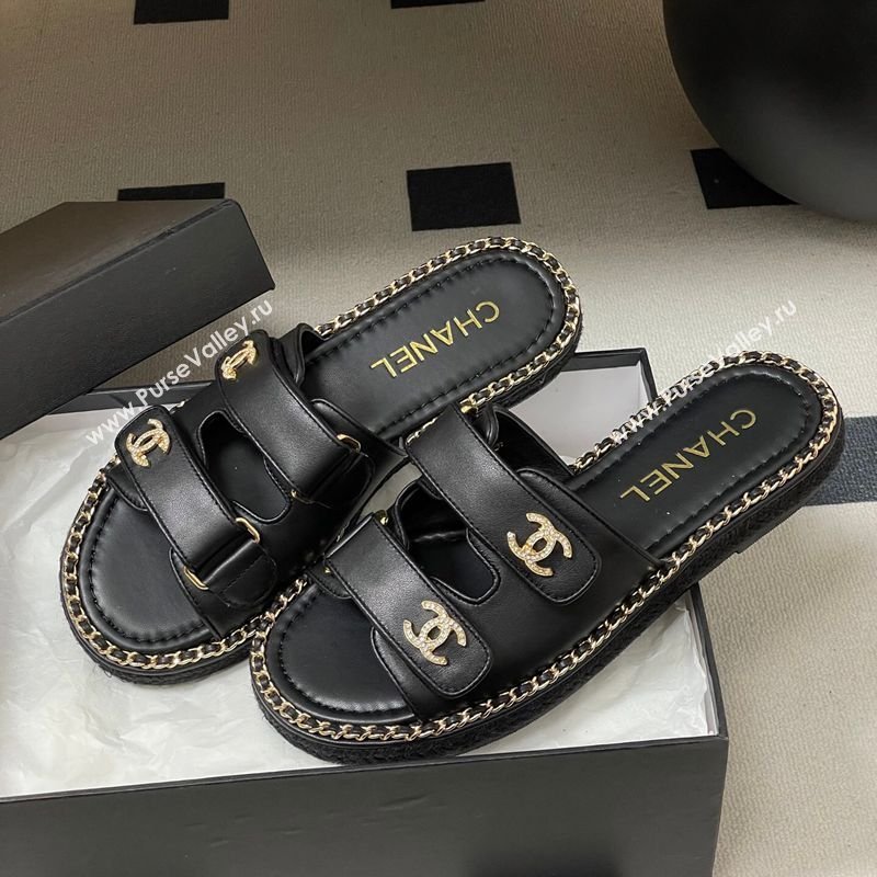Chanel Lambskin Leather Flat Slides Sandal with Strass, Chain and Strap Black 2026 CH030610 (MD-260306086)