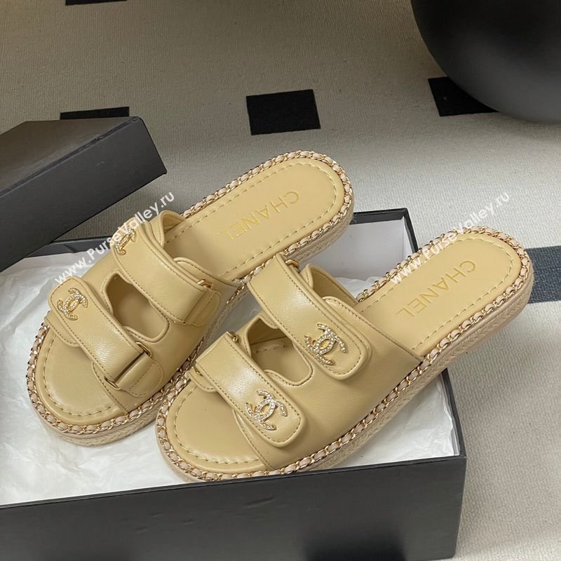 Chanel Lambskin Leather Flat Slides Sandal with Strass, Chain and Strap Beige 2026 CH030610 (MD-260306088)