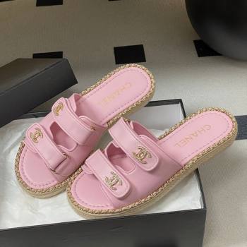 Chanel Lambskin Leather Flat Slides Sandal with Strass, Chain and Strap Pink 2026 CH030610 (MD-260306089)