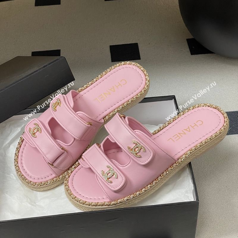 Chanel Lambskin Leather Flat Slides Sandal with Strass, Chain and Strap Pink 2026 CH030610 (MD-260306089)