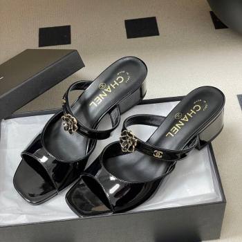 Chanel Patent Calfskin Leather Heel Slides Sandal 4.5cm with Camellia Black 2026 CH030613 (MD-260306097)