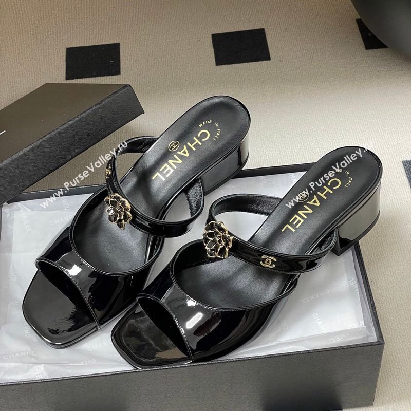 Chanel Patent Calfskin Leather Heel Slides Sandal 4.5cm with Camellia Black 2026 CH030613 (MD-260306097)