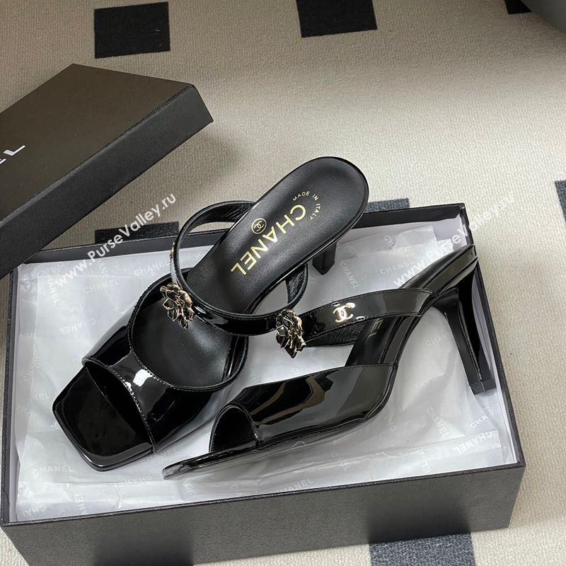 Chanel Patent Calfskin Leather Heel Slides Sandal 7.5cm with Camellia Black 2026 CH030613 (MD-260306100)
