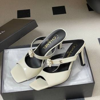 Chanel Patent Calfskin Leather Heel Slides Sandal 7.5cm with Camellia White 2026 CH030613 (MD-260306101)