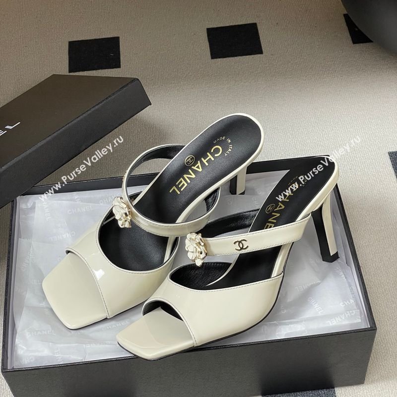 Chanel Patent Calfskin Leather Heel Slides Sandal 7.5cm with Camellia White 2026 CH030613 (MD-260306101)