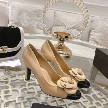 Chanel Calfskin Patent Leather Pumps 8.5cm with Camellia Bloom Beige 2026 CH030704 (MD-260307052)