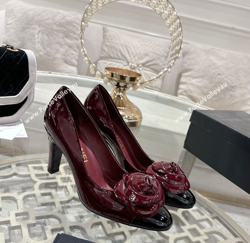 Chanel Calfskin Patent Leather Pumps 8.5cm with Camellia Bloom Burgundy 2026 CH030704 (MD-260307054)