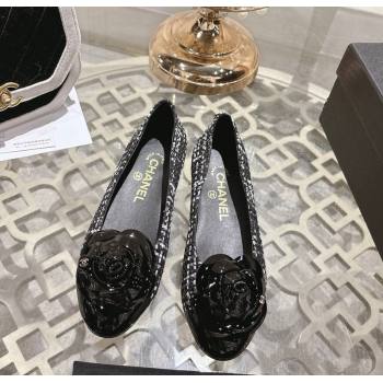 Chanel Tweed Patent Leather Ballet Flats with Camellia Bloom Black/White 2026 CH030704 (MD-260307063)