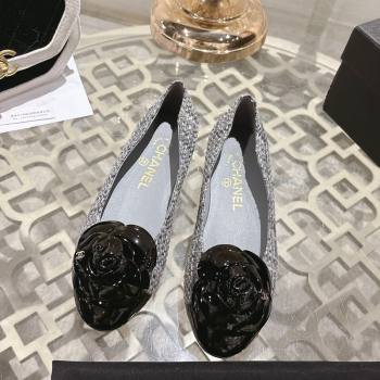 Chanel Tweed Patent Leather Ballet Flats with Camellia Bloom Grey 2026 CH030704 (MD-260307067)