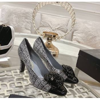 Chanel Tweed Patent Leather Pumps 8.5cm with Camellia Bloom Grey 2026 CH030704 (MD-260307042)