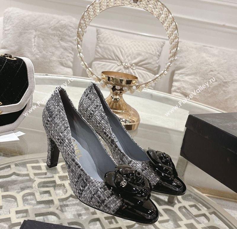 Chanel Tweed Patent Leather Pumps 8.5cm with Camellia Bloom Grey 2026 CH030704 (MD-260307042)