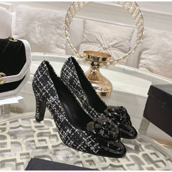 Chanel Tweed Patent Leather Pumps 8.5cm with Camellia Bloom Black/White 2026 CH030704 (MD-260307043)