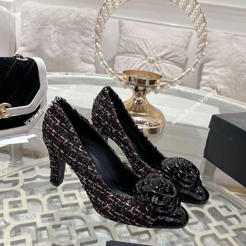 Chanel Tweed Patent Leather Pumps 8.5cm with Camellia Bloom Black2 2026 CH030704 (MD-260307044)