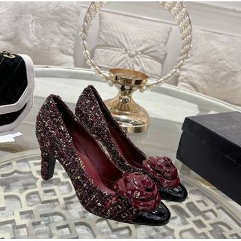 Chanel Tweed Patent Leather Pumps 8.5cm with Camellia Bloom Burgundy 2026 CH030704 (MD-260307045)