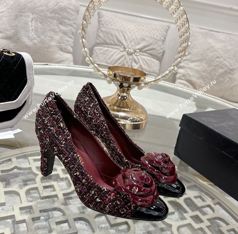 Chanel Tweed Patent Leather Pumps 8.5cm with Camellia Bloom Burgundy 2026 CH030704 (MD-260307045)