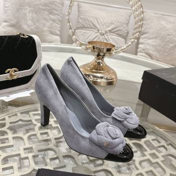 Chanel Suede Patent Leather Pumps 8.5cm with Camellia Bloom Grey 2026 CH030704 (MD-260307046)