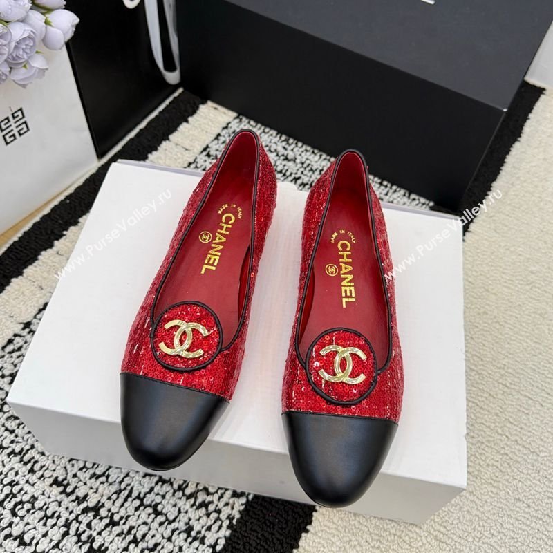 Chanel Sequins Leather Ballets Flat with Circle CC Red 2026 CH030706 (MD-260307077)