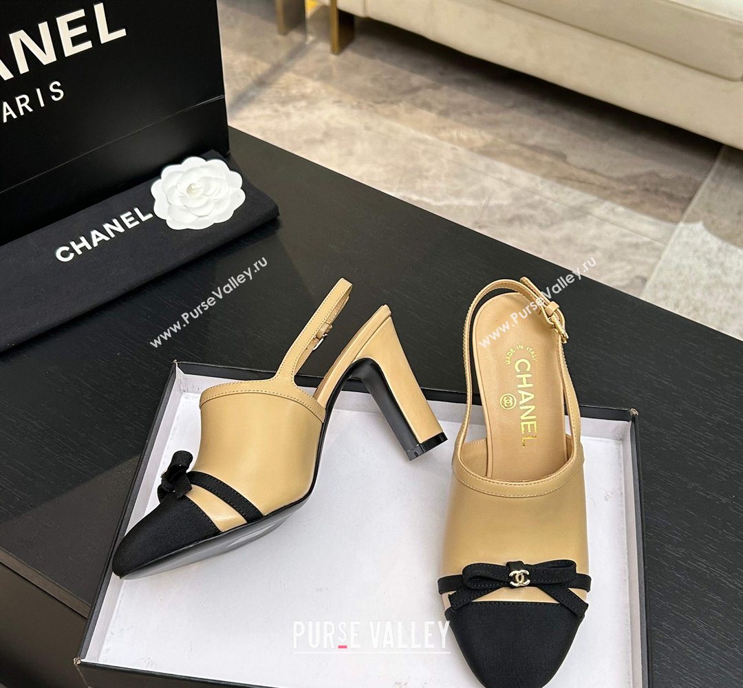 Chanel Calfskin Leather Grosgrain Slingbacks Pump 9cm with Bow Beige 2026 G47021 (MD-260309079)