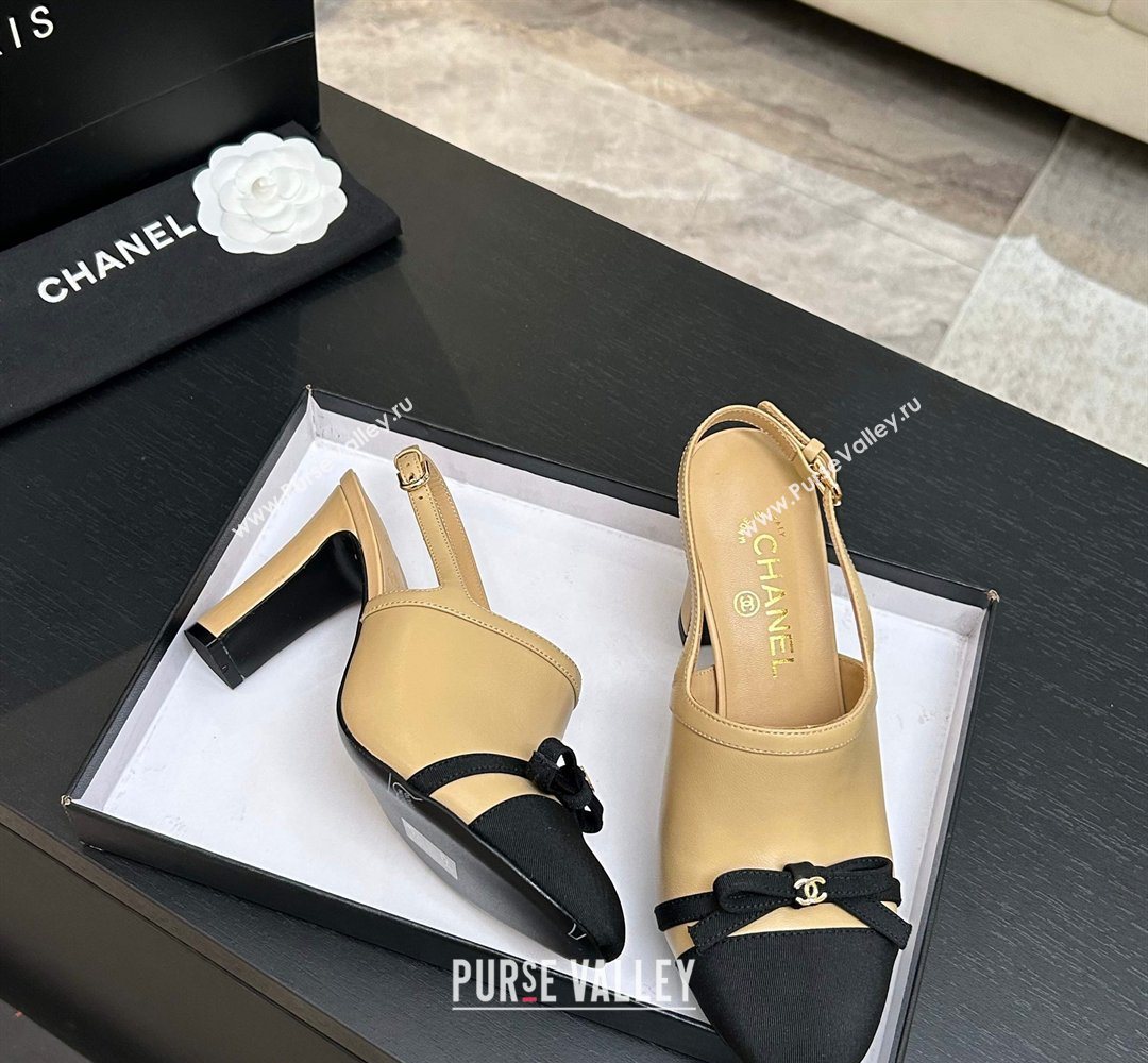 Chanel Calfskin Leather Grosgrain Slingbacks Pump 9cm with Bow Beige 2026 G47021 (MD-260309079)