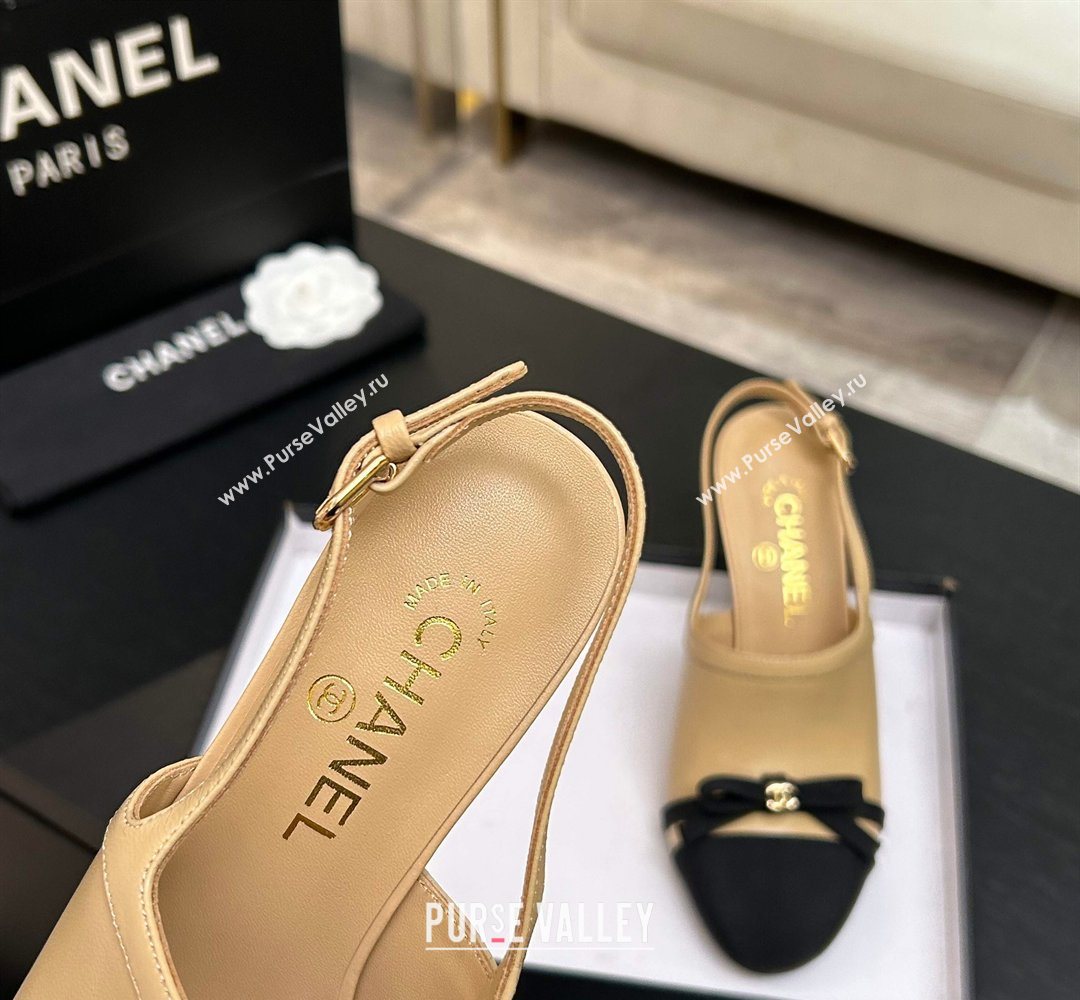 Chanel Calfskin Leather Grosgrain Slingbacks Pump 9cm with Bow Beige 2026 G47021 (MD-260309079)
