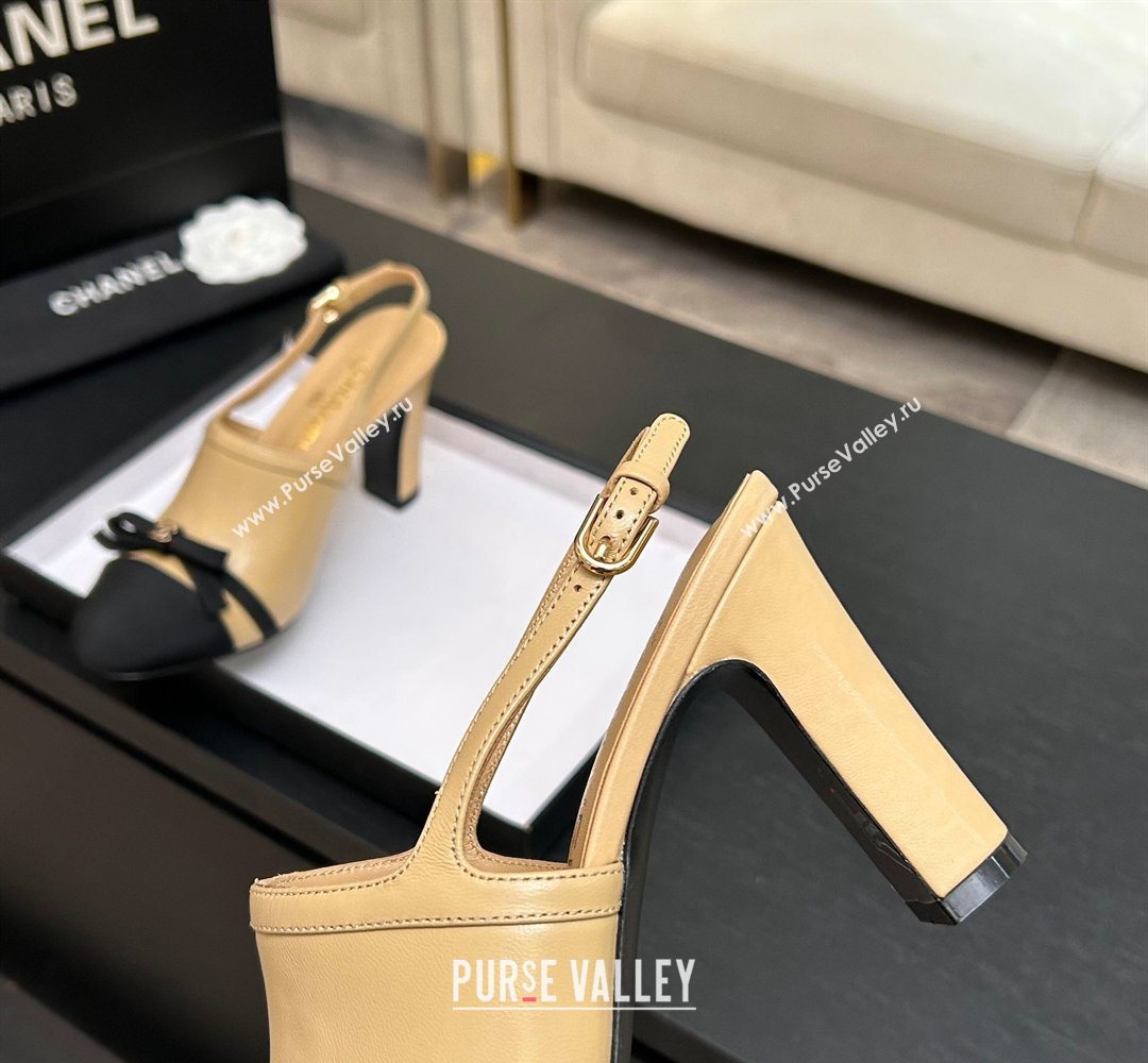 Chanel Calfskin Leather Grosgrain Slingbacks Pump 9cm with Bow Beige 2026 G47021 (MD-260309079)