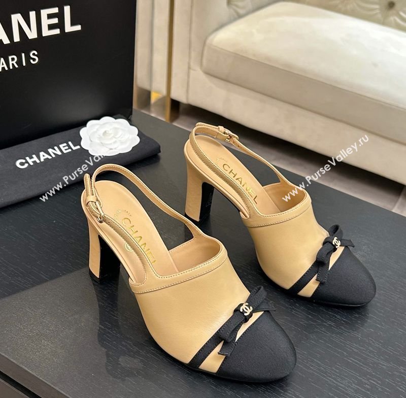 Chanel Calfskin Leather Grosgrain Slingbacks Pump 9cm with Bow Beige 2026 G47021 (MD-260309079)