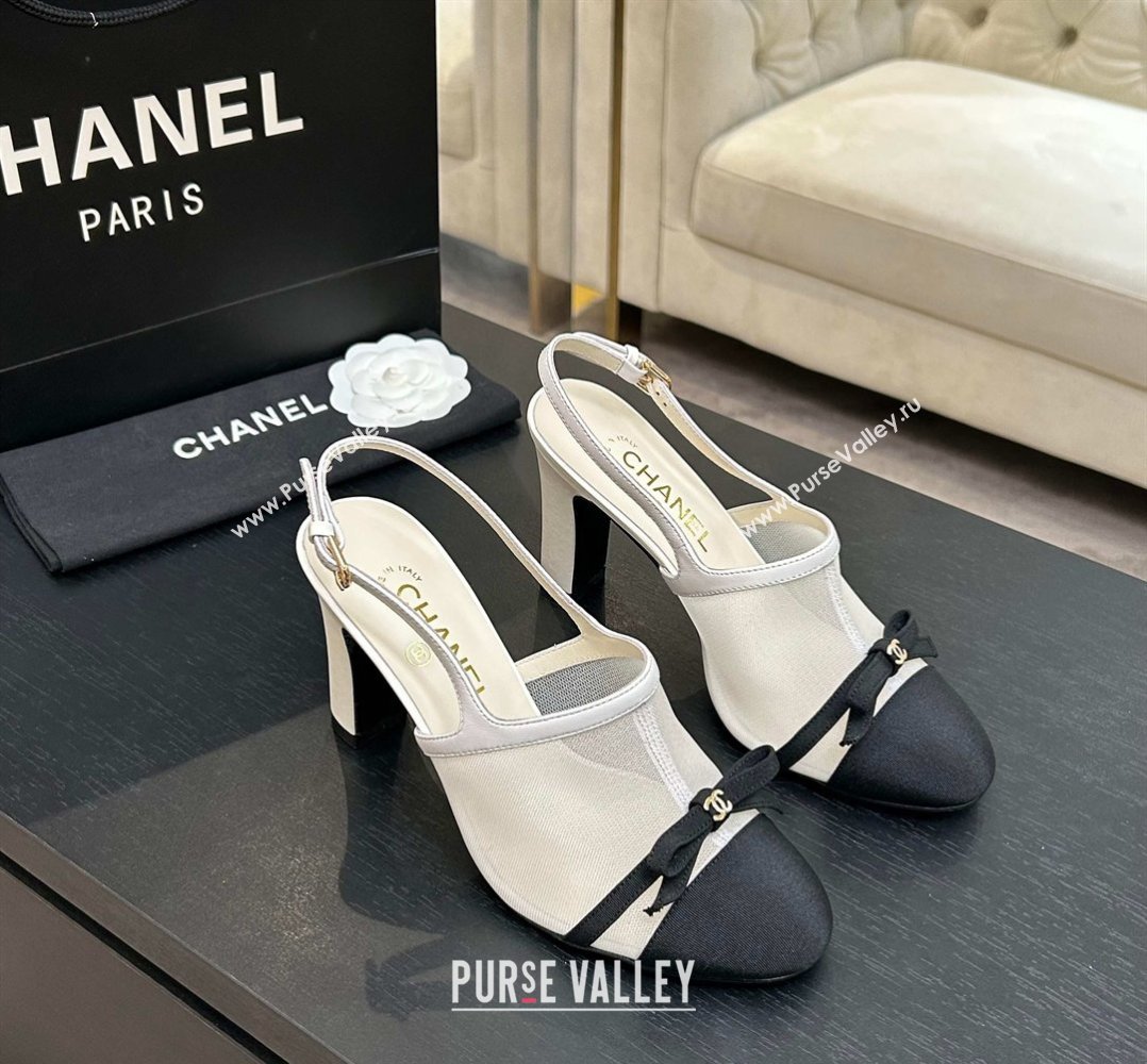 Chanel Mesh Grosgrain Slingbacks Pump 9cm with Bow White 2026 G47021 (MD-260309085)
