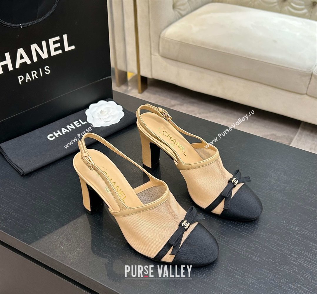 Chanel Mesh Grosgrain Slingbacks Pump 9cm with Bow Beige 2026 G47021 (MD-260309084)