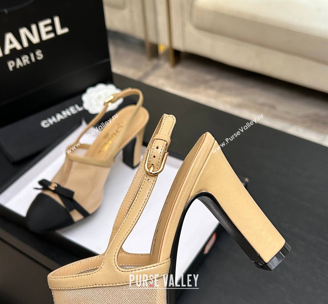 Chanel Mesh Grosgrain Slingbacks Pump 9cm with Bow Beige 2026 G47021 (MD-260309084)