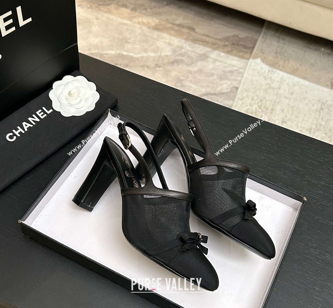 Chanel Mesh Grosgrain Slingbacks Pump 9cm with Bow Black 2026 G47021 (MD-260309086)
