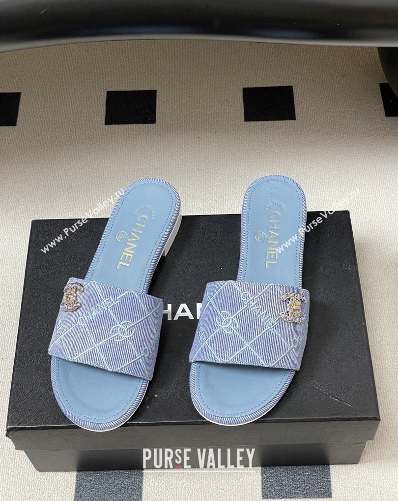 Chanel Quilted Cotton Flat Slides Sandal Light Blue 2026 CH030902 (MD-260309091)
