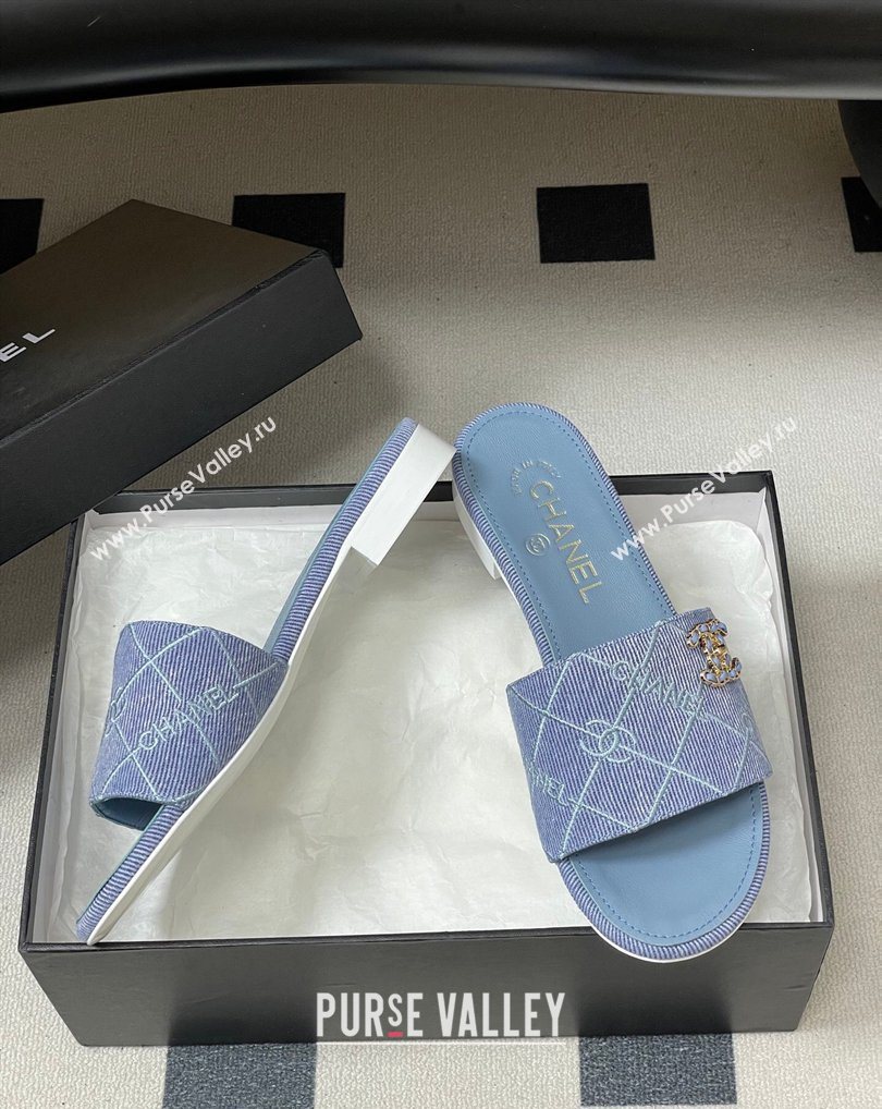 Chanel Quilted Cotton Flat Slides Sandal Light Blue 2026 CH030902 (MD-260309091)