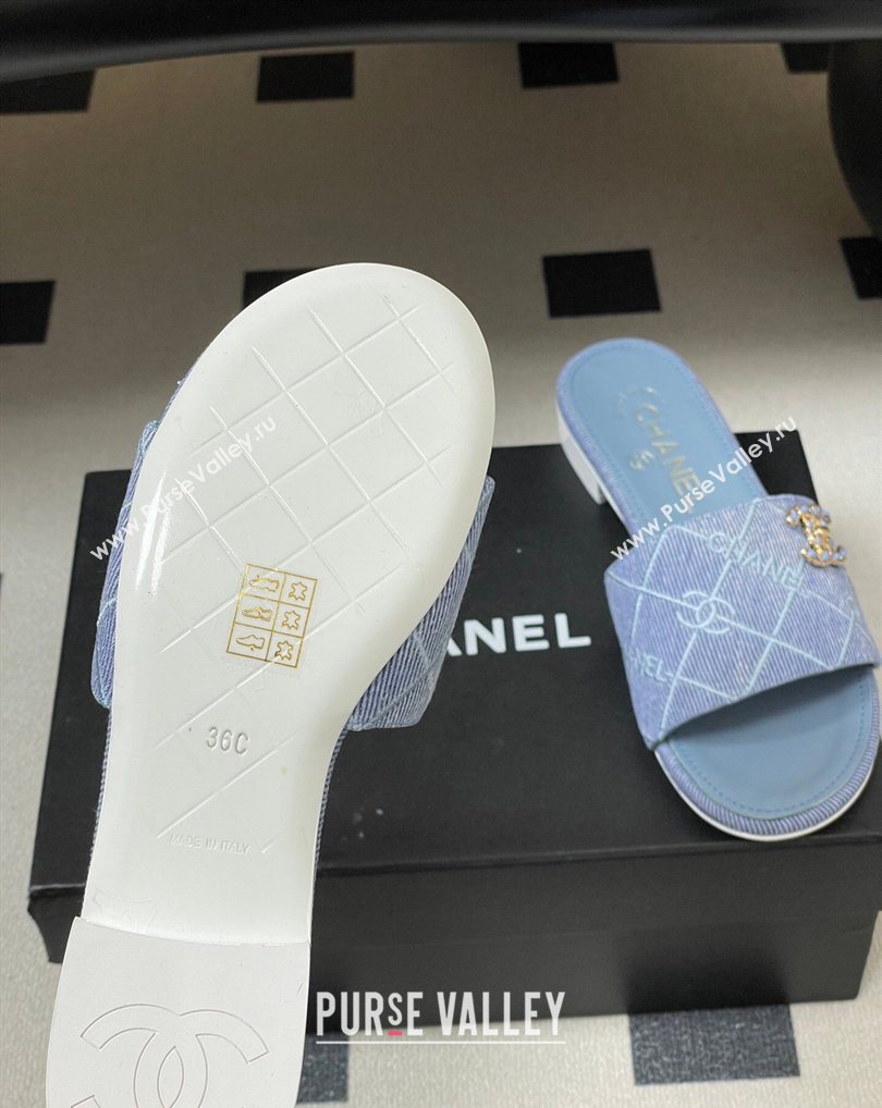 Chanel Quilted Cotton Flat Slides Sandal Light Blue 2026 CH030902 (MD-260309091)