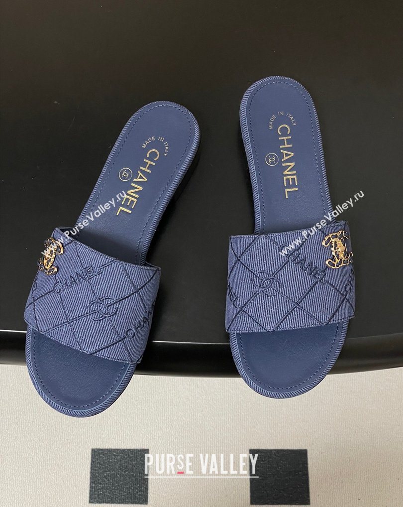 Chanel Quilted Cotton Flat Slides Sandal Denim Blue 2026 CH030902 (MD-260309092)