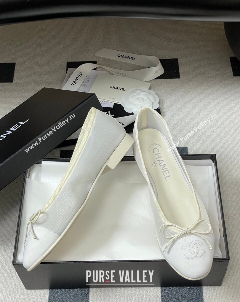 Chanel Mesh Grosgrain Ballet Flats with Bow White 2026 G02819 0309 (MD-260309032)